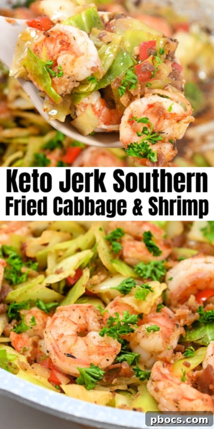 Keto Jerk Southern Fried Cabbage and Shrimp Recipe Card Pin