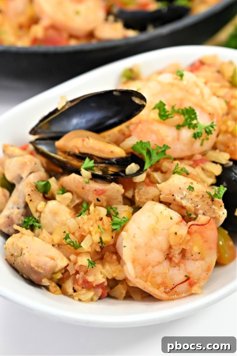 Delicious Keto Paella with chicken and seafood, garnished with lemon