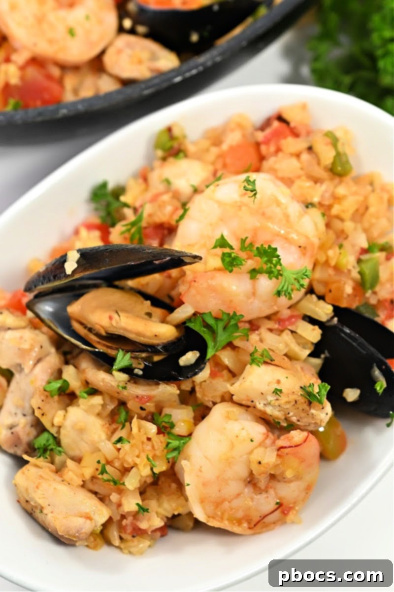 A vibrant spread of Keto Paella with various keto-friendly dips and sides