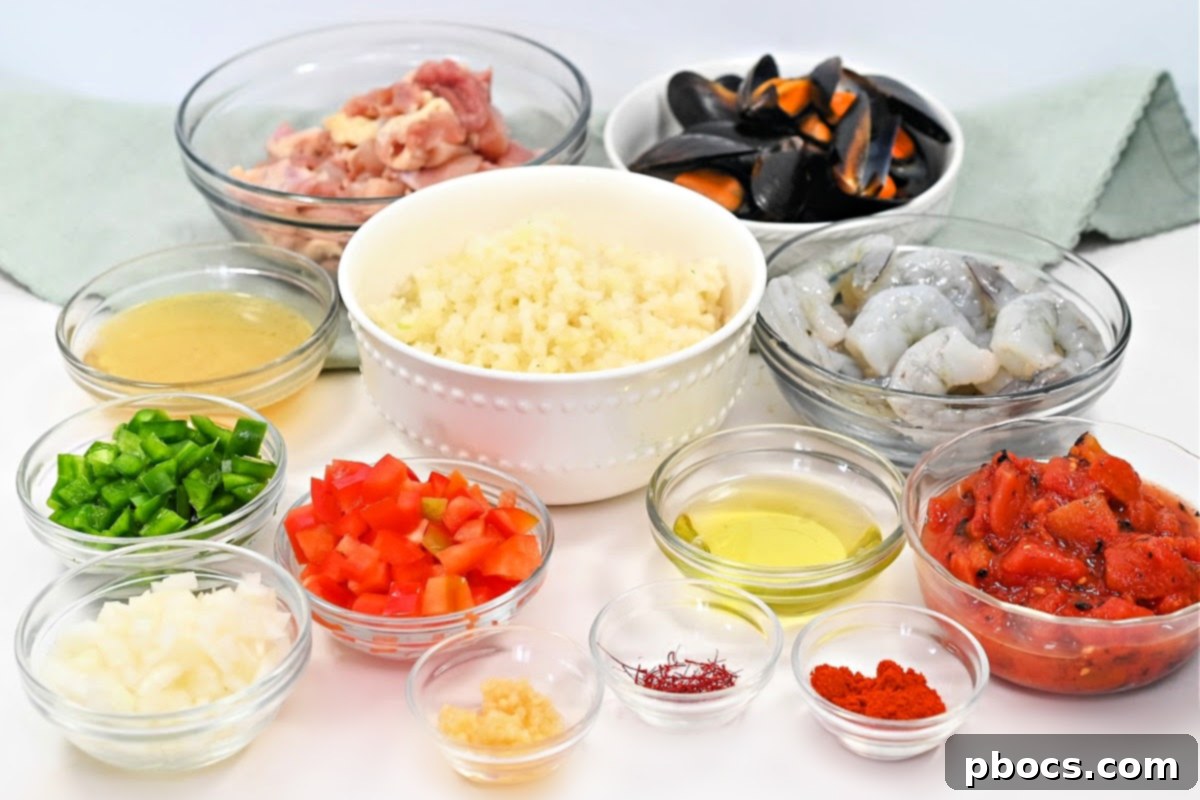 All the fresh ingredients laid out for making Keto Paella