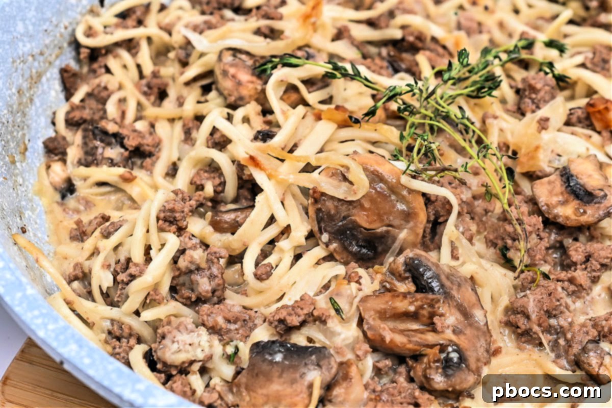 Keto Creamy TikTok French Onion Pasta in a skillet, ready to be served