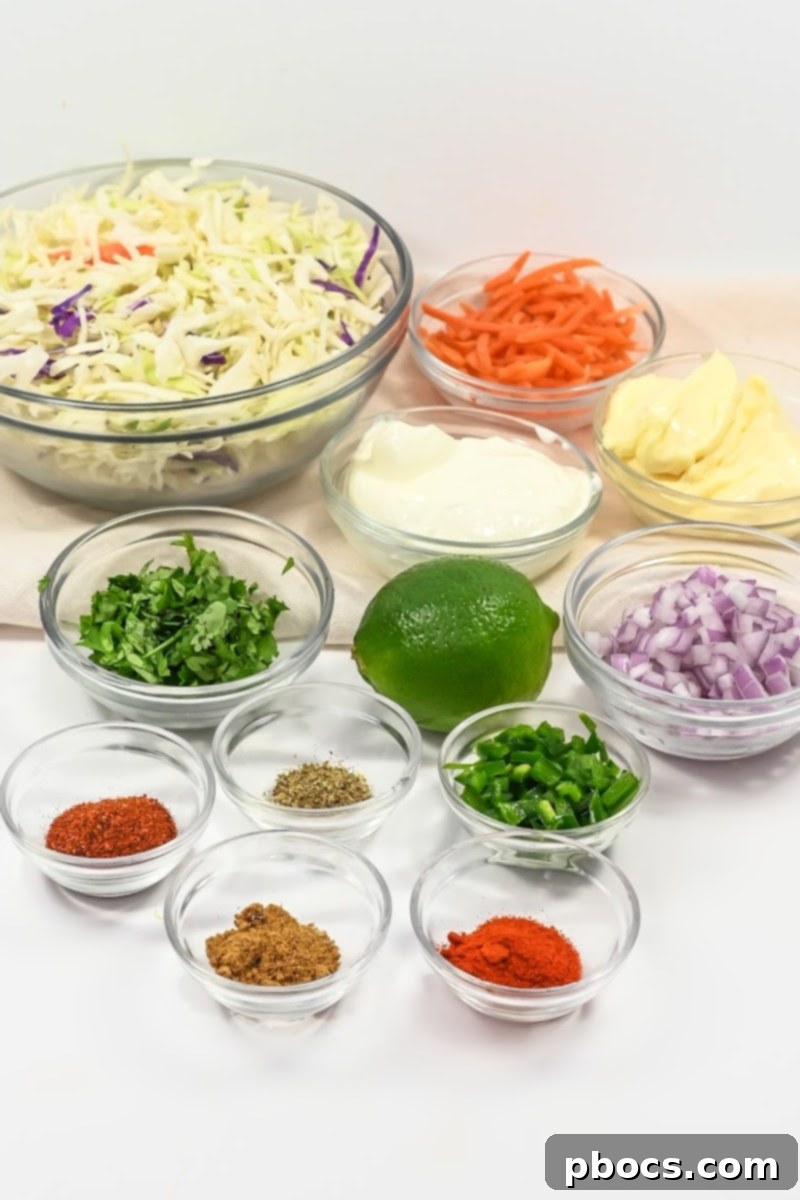 Ingredients for Keto Mexican Coleslaw laid out for preparation