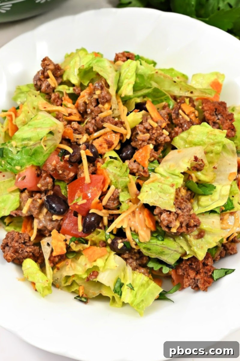 Keto Ground Beef Salad, close-up with delicious beef