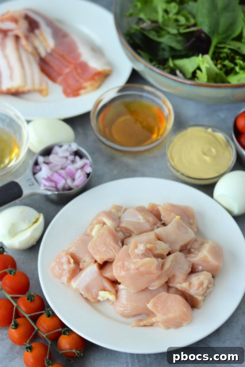 Savory Honey Mustard Chicken Salad Bites 8 Ingredients for Low-Carb Honey Mustard Chicken Salad laid out