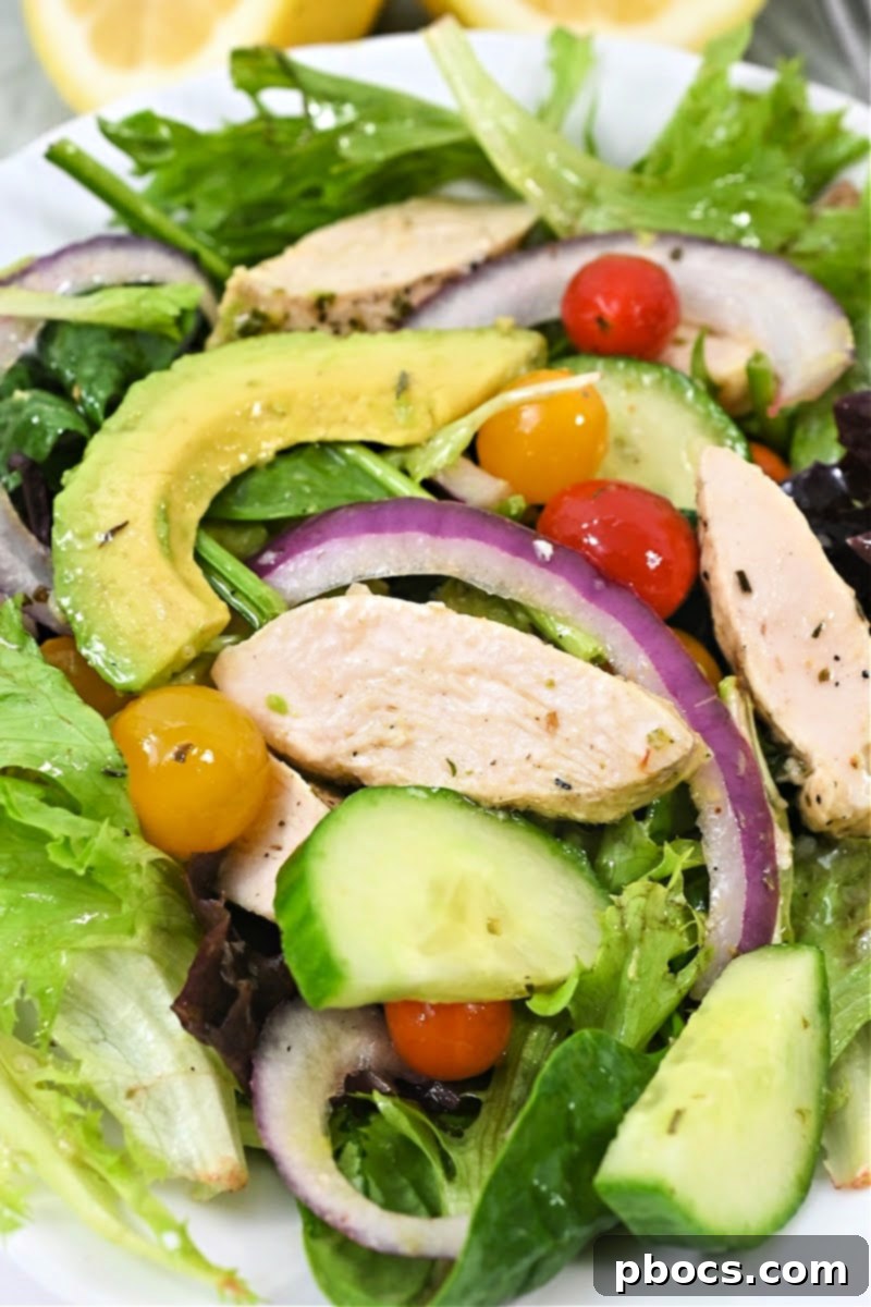 Grilled Lemon Herb Chicken Slices on a Salad - Close-up of cooked chicken with fresh herbs.