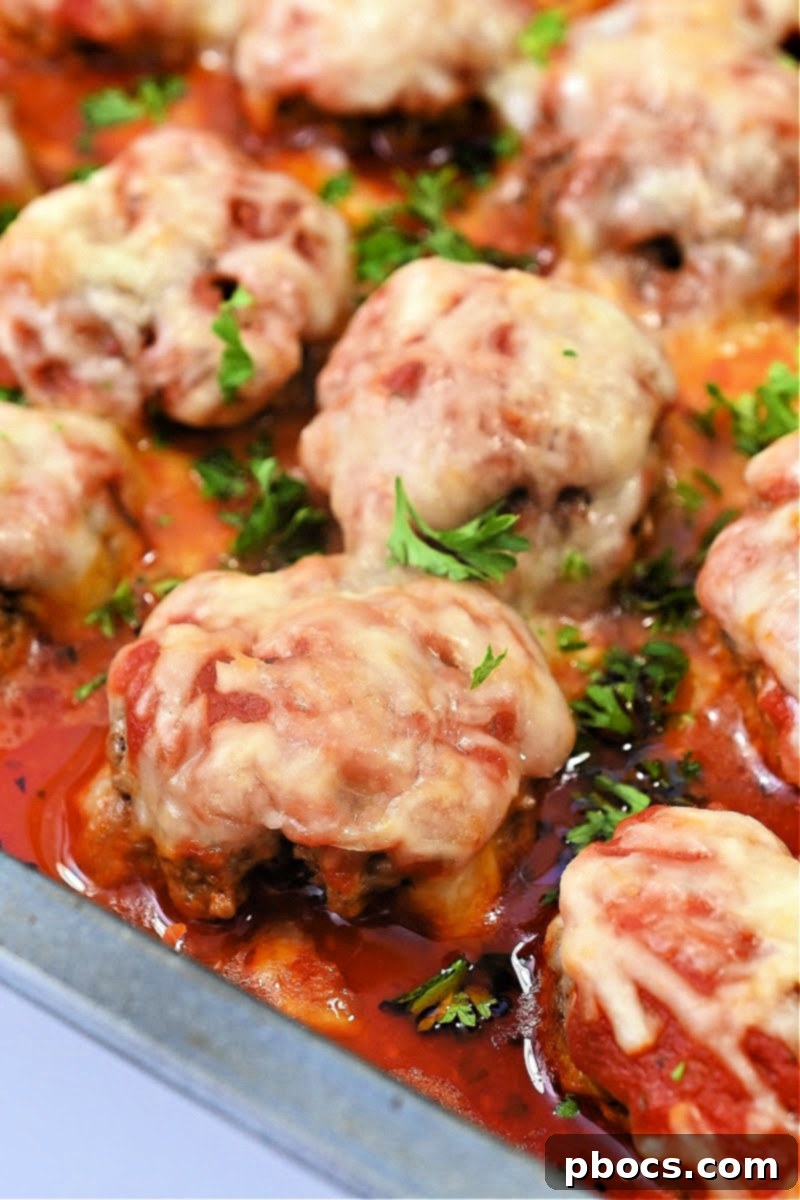 Close-up of baked Keto Saucy Cottage Cheese Meatballs