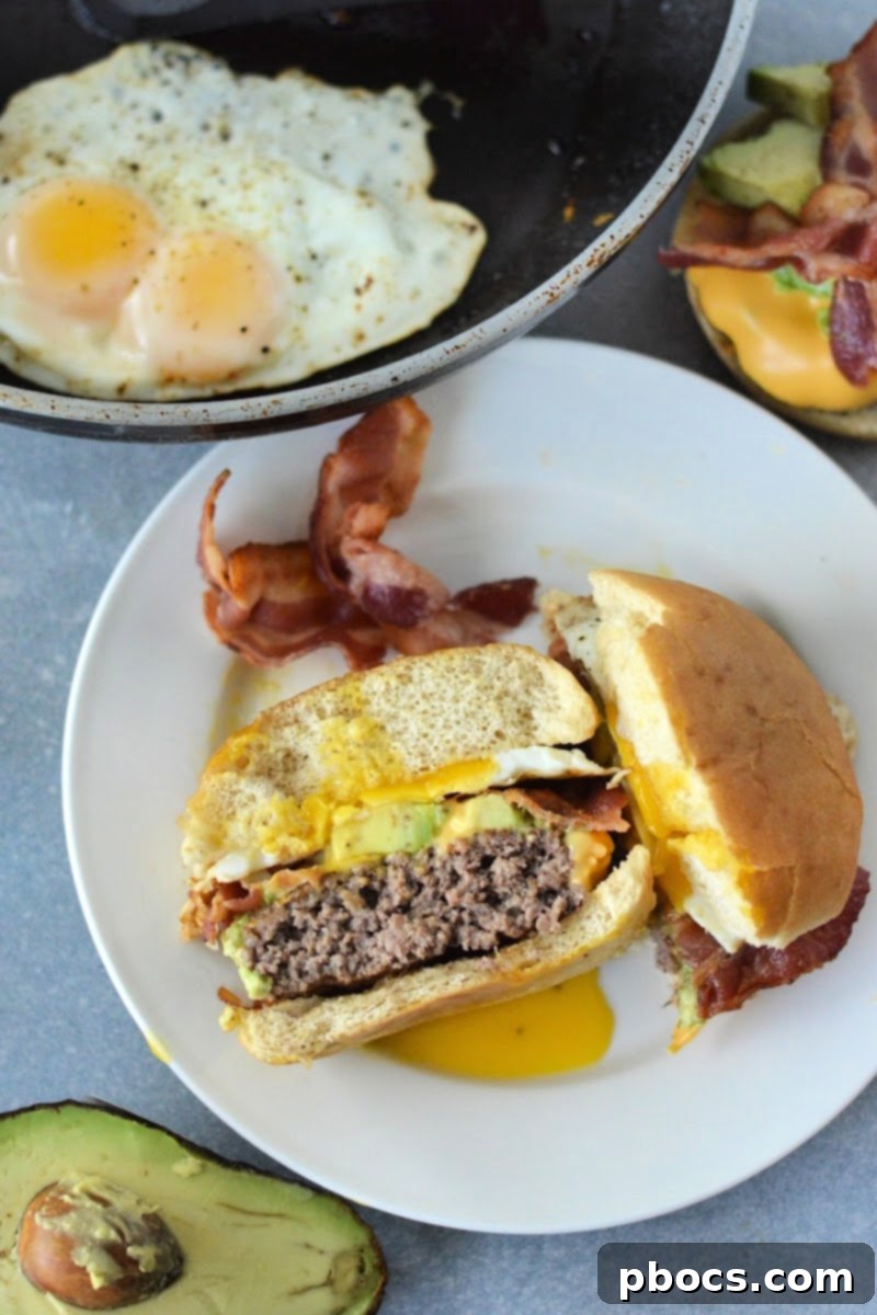 Keto Breakfast Burger sliced in half