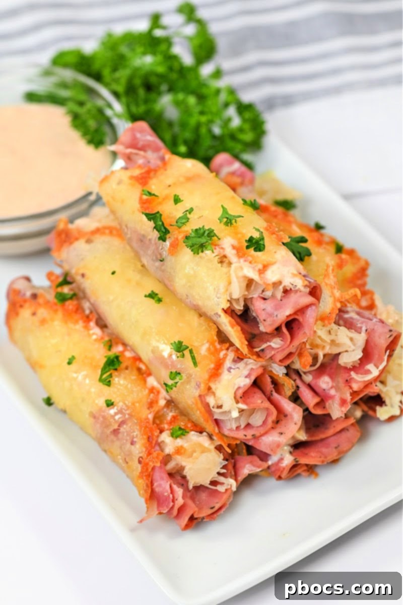 Close-up of a Keto Reuben Roll-Up, showcasing the filling