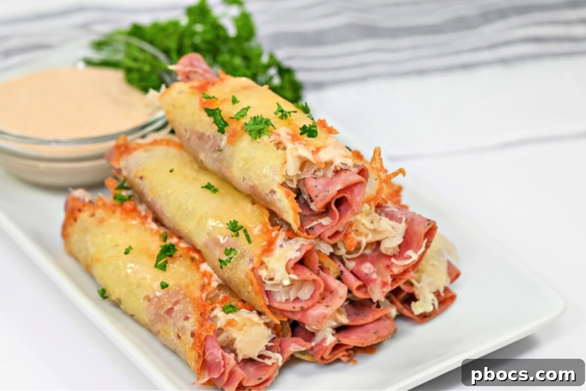 Platter of Crispy Keto Reuben Roll-Ups, ready to eat