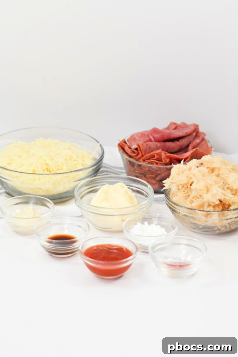 Ingredients for Crispy Keto Reuben Roll-Ups laid out