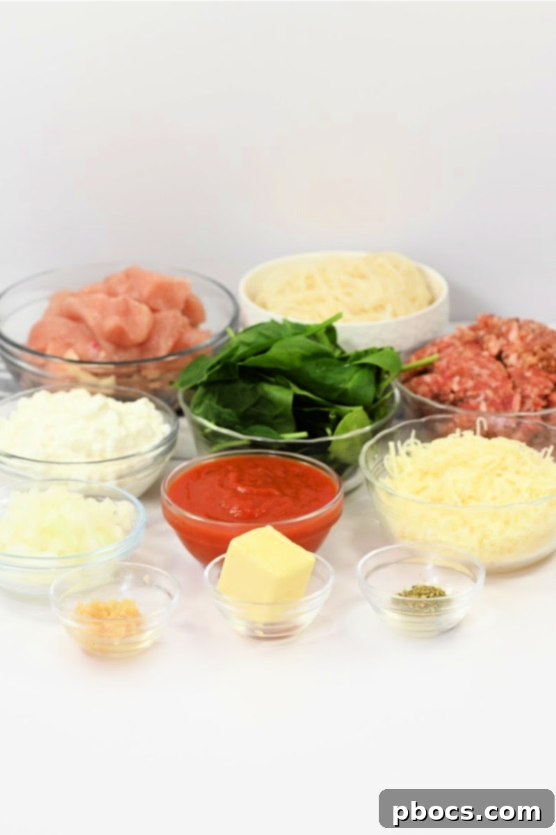 All ingredients laid out for making Keto Cottage Cheese Pasta Bake