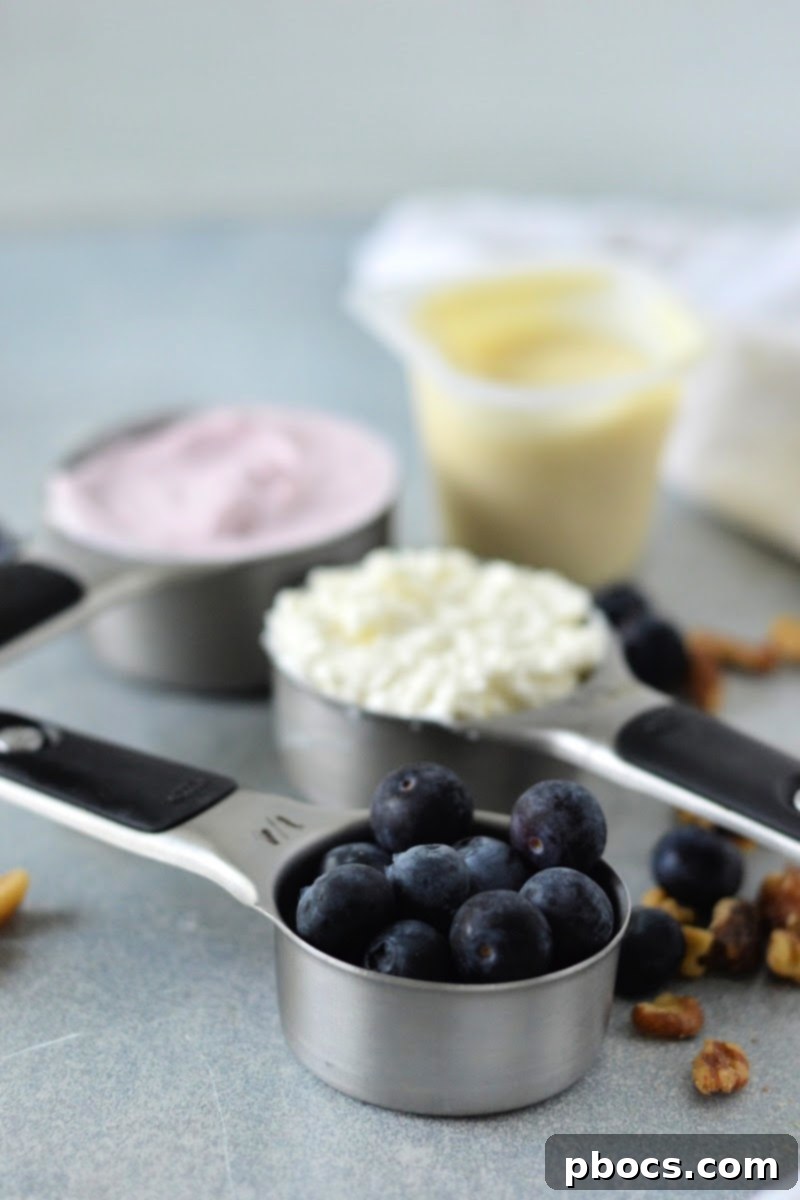 Ingredients for Low Carb Blueberry Cottage Cheese Parfait: Blueberries, cottage cheese, yogurt, and pudding