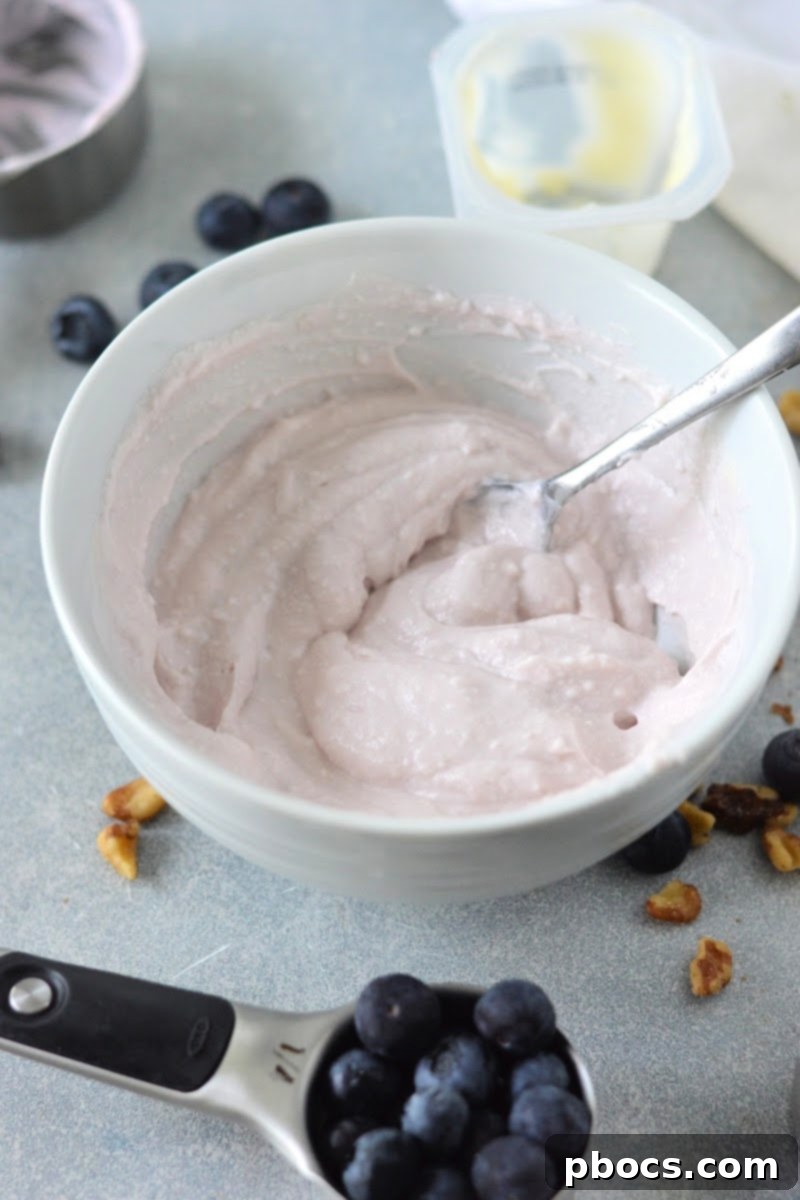 Low Carb Blueberry Cottage Cheese Parfait Base Before Topping with Fruit