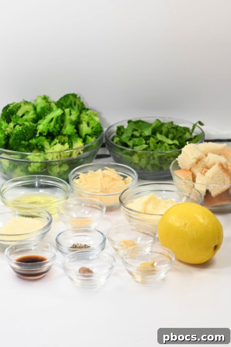 Keto Broccoli Caesar Crunch 8 Ingredients for Keto Caesar Broccoli Salad, including fresh broccoli, romaine, and dressing components