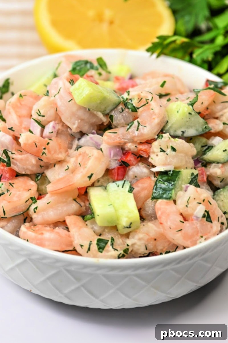 Close-up of Creamy Shrimp and Cucumber Salad in a bowl