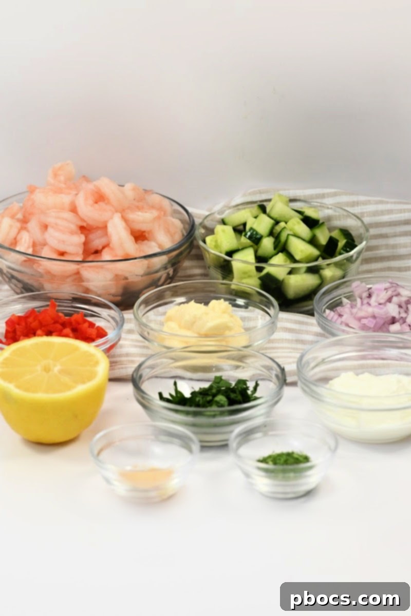 All ingredients for Creamy Shrimp and Cucumber Salad displayed