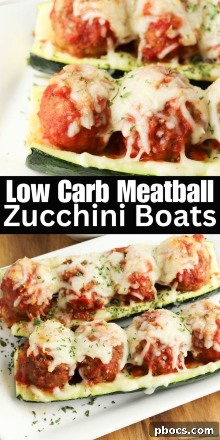 Low-Carb Meatball Zucchini Boats recipe card pin