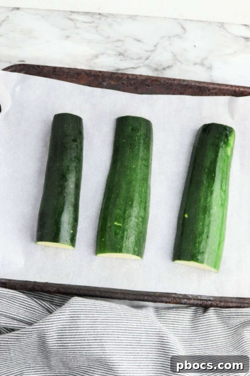 Unbaked zucchini boats, ready for roasting