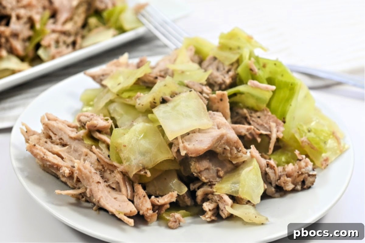 Cooked Keto Crockpot Kalua Pork and Cabbage in a serving bowl