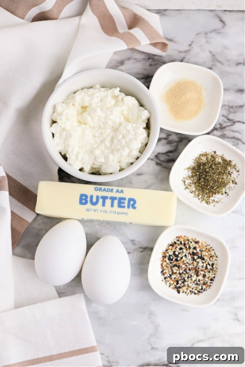 Ingredients for Keto Cottage Cheese Flatbread: cottage cheese, eggs, seasonings, butter