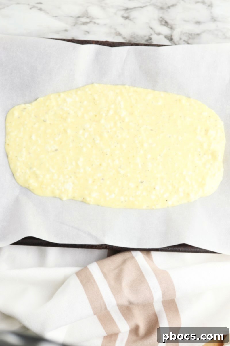Unbaked Keto Cottage Cheese Flatbread mixture spread on parchment paper