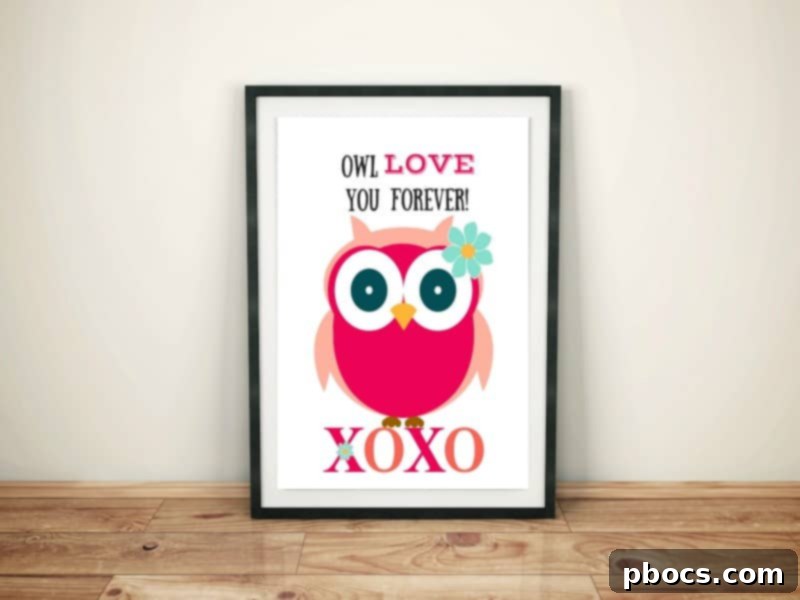 Adorable Valentine's Day owl printable artwork with hearts and a 'love' banner