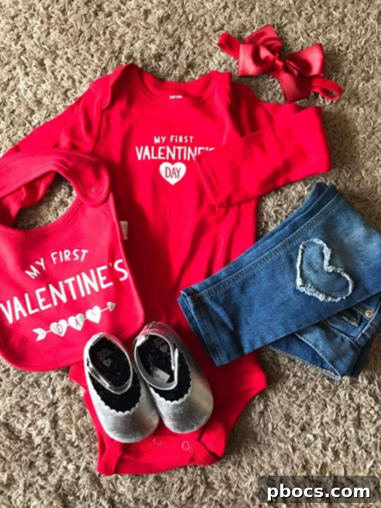 Baby Olivia smiling in her Valentine's Day onesie, heart jeans, and a themed bib
