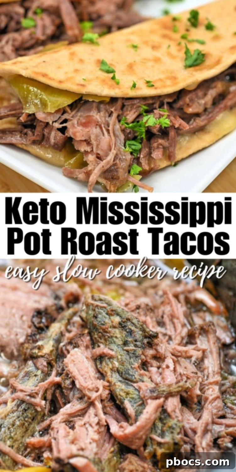 Pinterest pin for Keto Mississippi Pot Roast Tacos #ketomississippipotroasttacos @mississippipotroasttacos