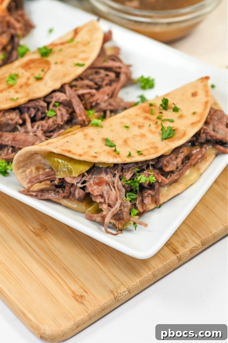 Close-up of shredded Mississippi Pot Roast for tacos