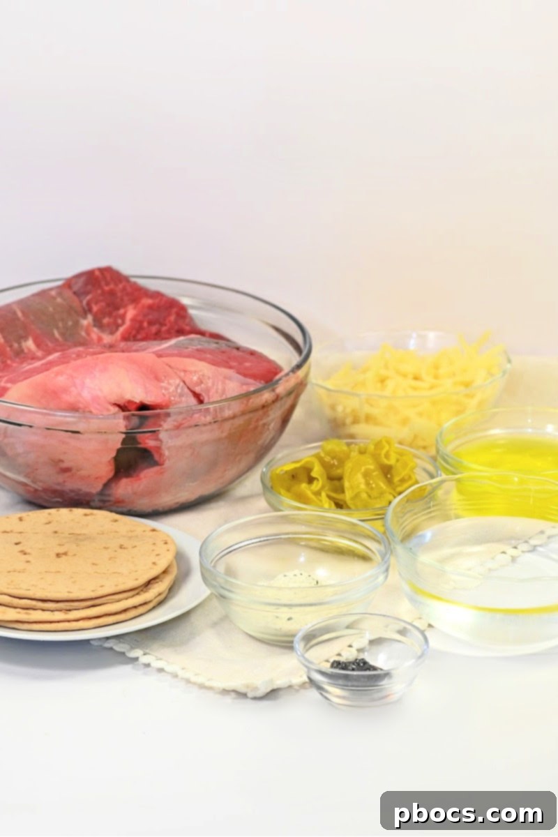 Ingredients for Keto Mississippi Pot Roast Tacos laid out