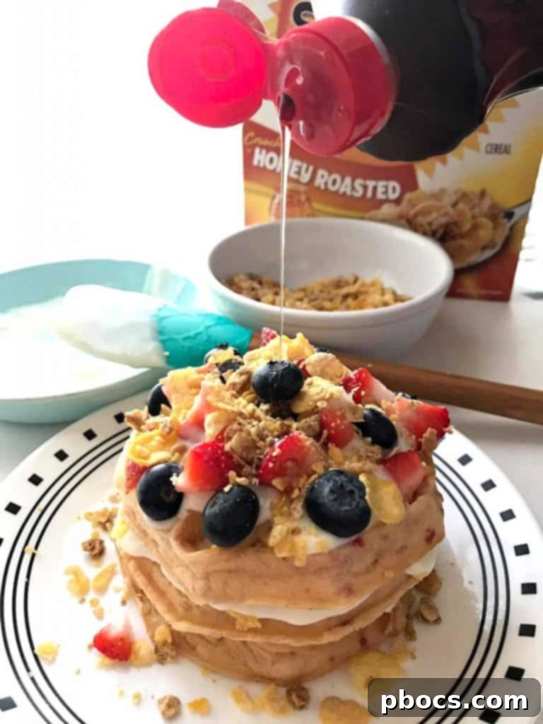 Close-up of a stacked breakfast waffle cake