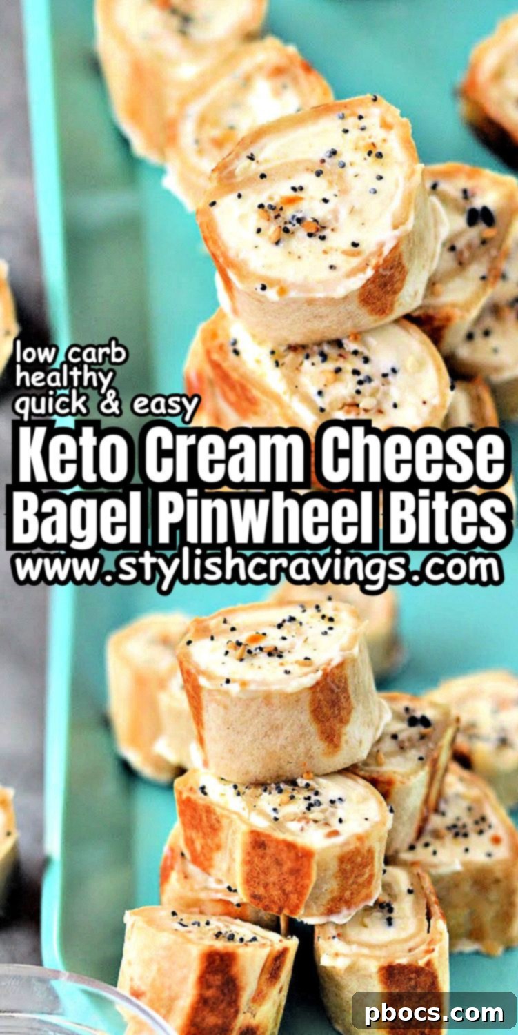 Keto Cream Cheese Bagel Poppers 13 Keto Cream Cheese Bagel Bites pin for Pinterest, featuring a collage of delicious low-carb snack images.