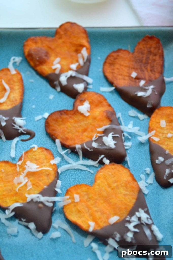 Delicious Chocolate Sweet Potato Hearts adorned with shredded coconut, perfect for Valentine's Day.