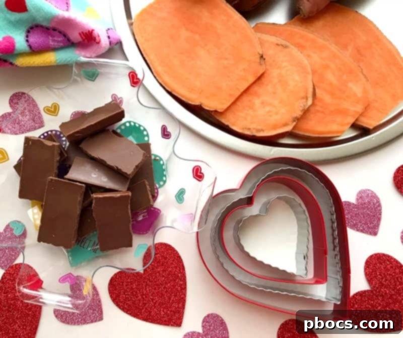Ingredients for making chocolate sweet potato hearts displayed on a countertop.