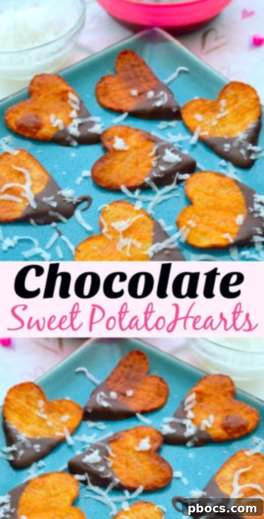 A Pinterest-optimized image showcasing chocolate sweet potato hearts for easy saving.