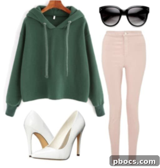 Fresh and Feminine Hoodie Outfit Idea Green Hoodie with Blush Jeans and White Pumps: Fresh Feminine Style