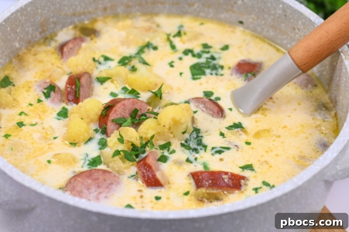 Keto Creamy Kielbasa and Cauliflower Soup simmering in a pot