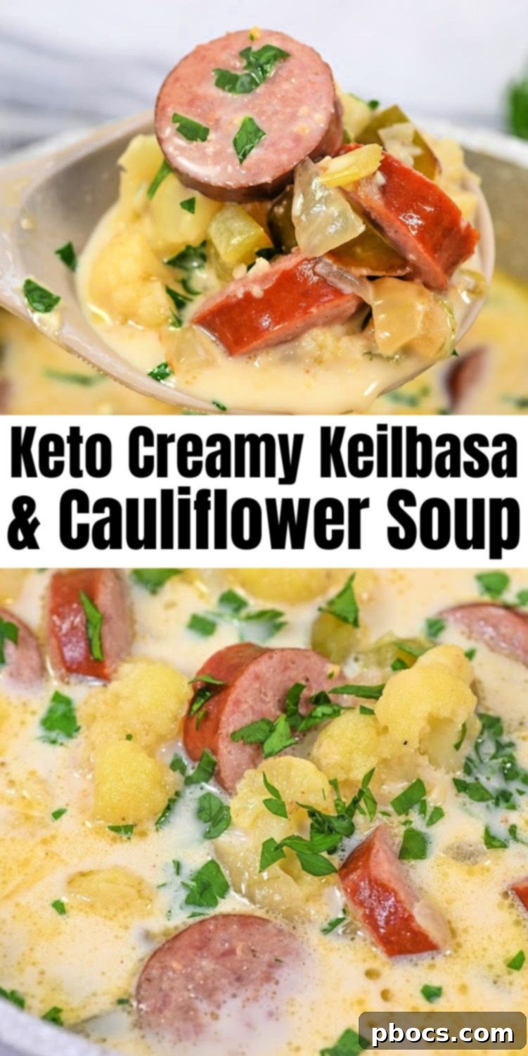 Vibrant Pinterest-ready image of Keto Creamy Kielbasa and Cauliflower Soup with text overlay