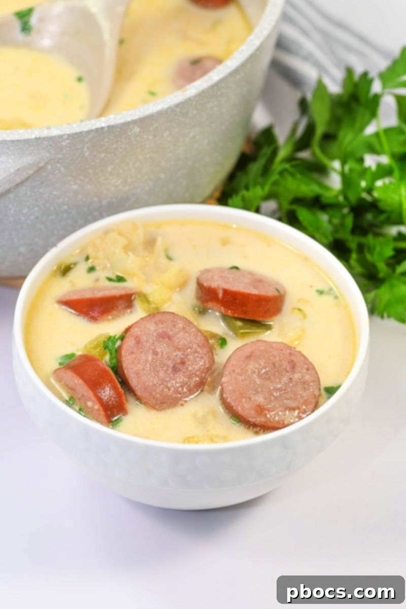 Large pieces of kielbasa sausage and cauliflower florets in a creamy, rich Keto Cauliflower Soup
