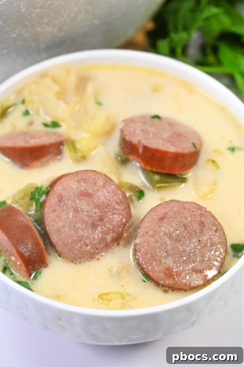 Keto Creamy Kielbasa and Cauliflower Soup served alongside a low-carb side dish
