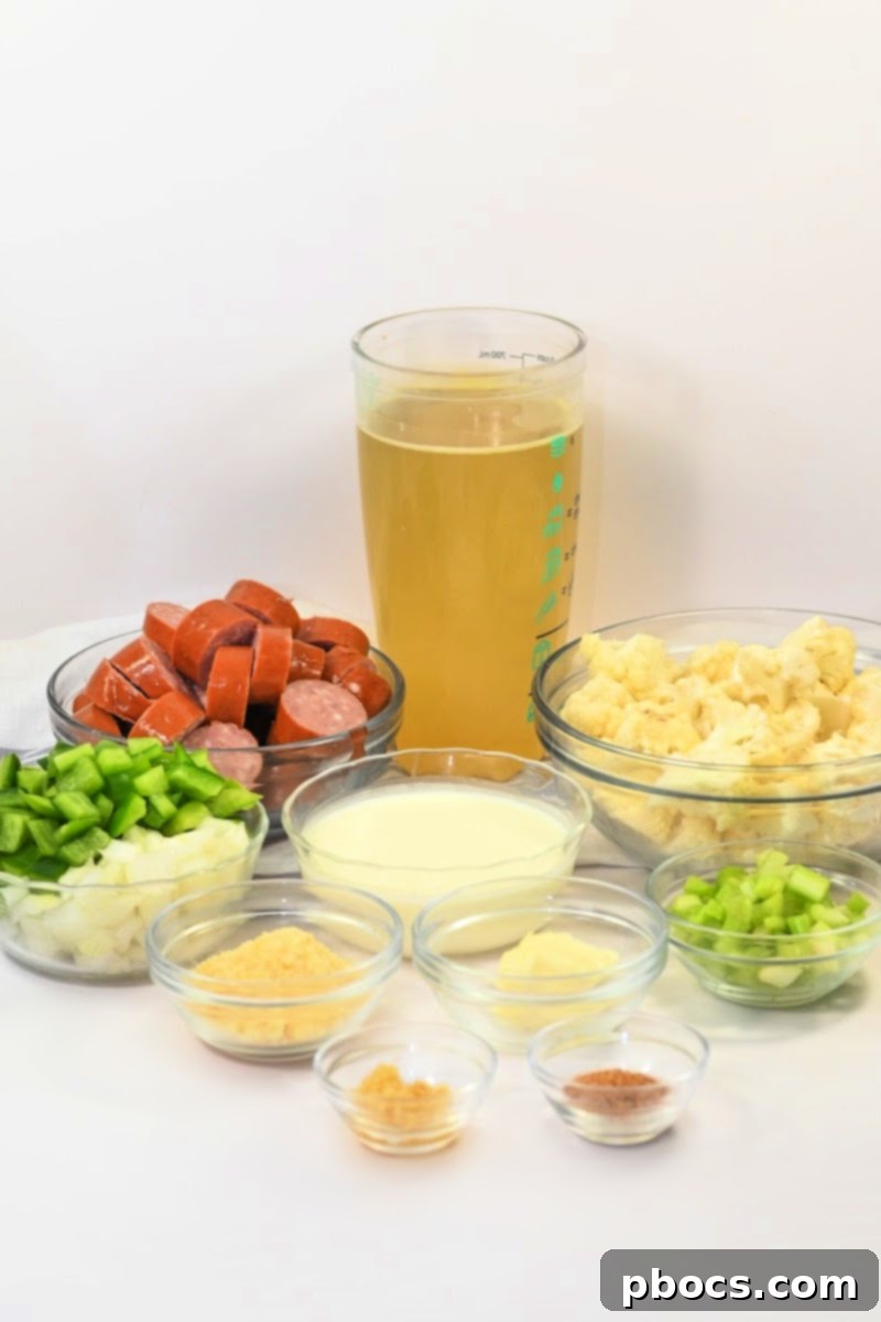 All ingredients for Keto Creamy Kielbasa and Cauliflower Soup laid out on a cutting board