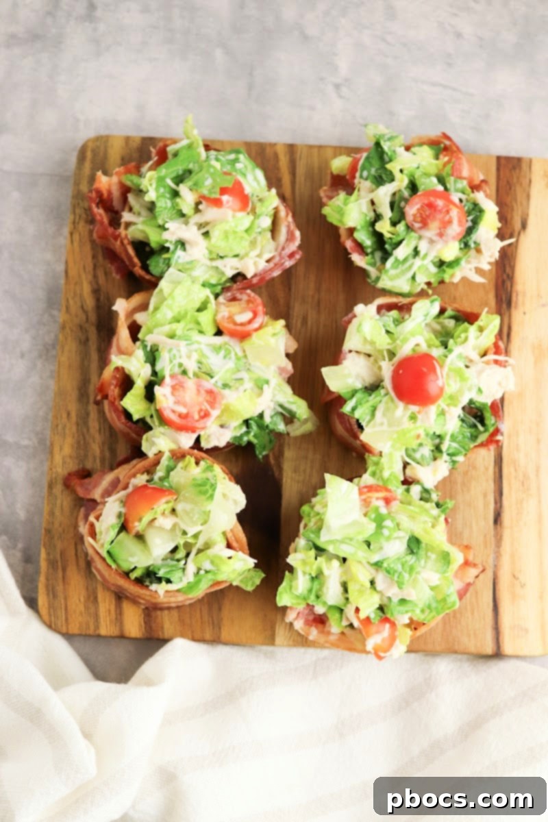 Close-up of Keto Chicken Bacon Ranch Cups, highlighting the crispy bacon and fresh filling