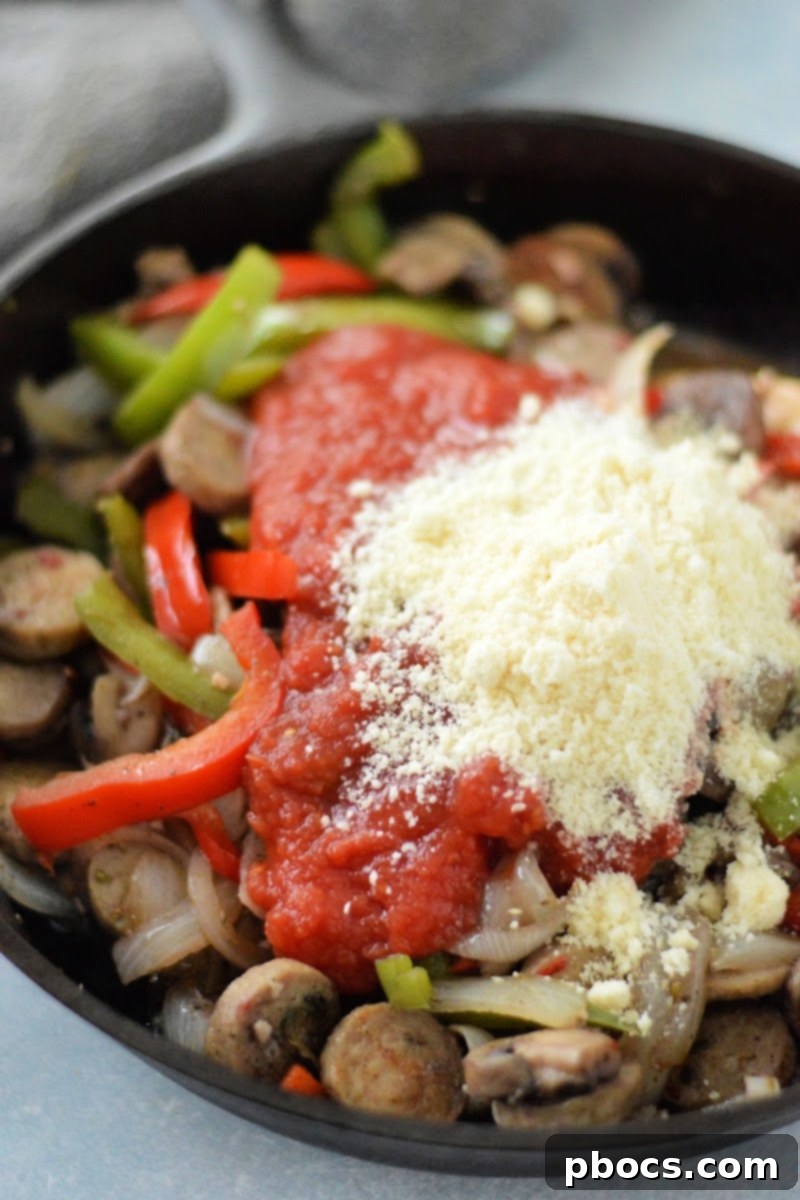 Simmering with Crushed Tomatoes and Parmesan Cheese