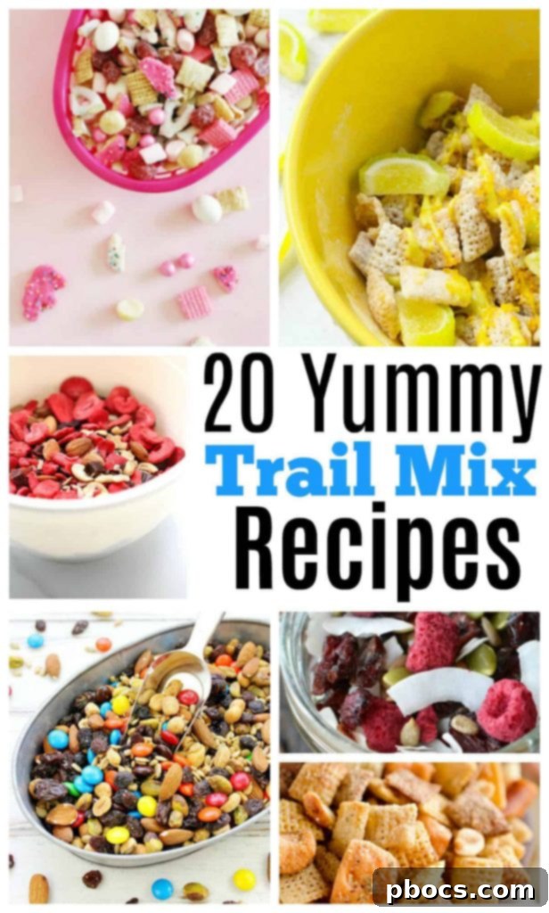 A vibrant assortment of 19 delicious trail mix recipes, featuring nuts, seeds, dried fruits, and sweet additions, perfect for on-the-go snacking and healthy energy boosts.