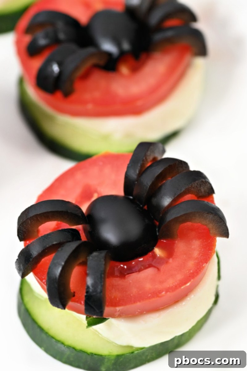 Creepy Crawly Keto Caprese Cucumber Spiders 12 Keto Halloween Spider Caprese Cucumber Bites