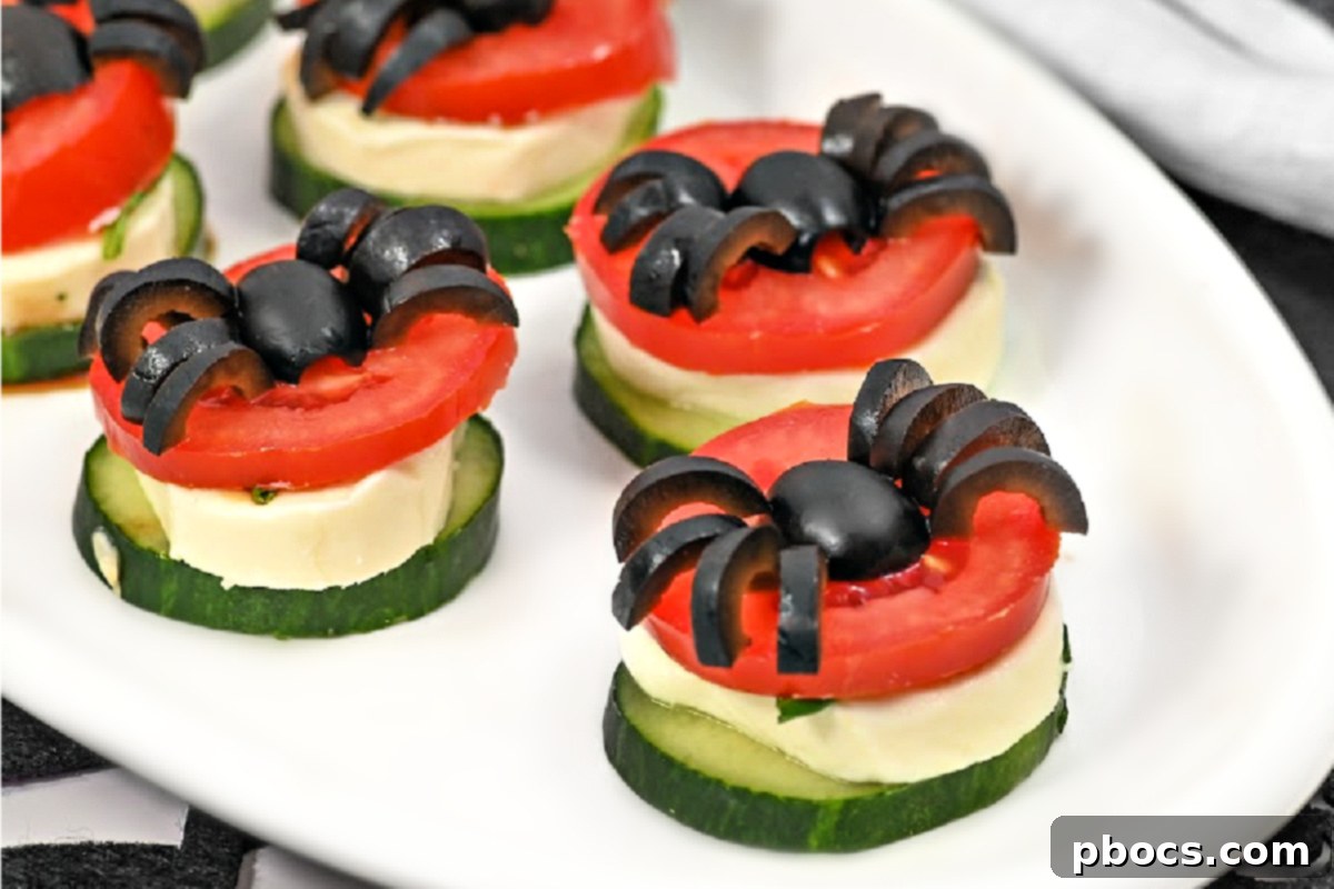 Creepy Crawly Keto Caprese Cucumber Spiders 13 Keto Halloween Spider Caprese Cucumber Bites