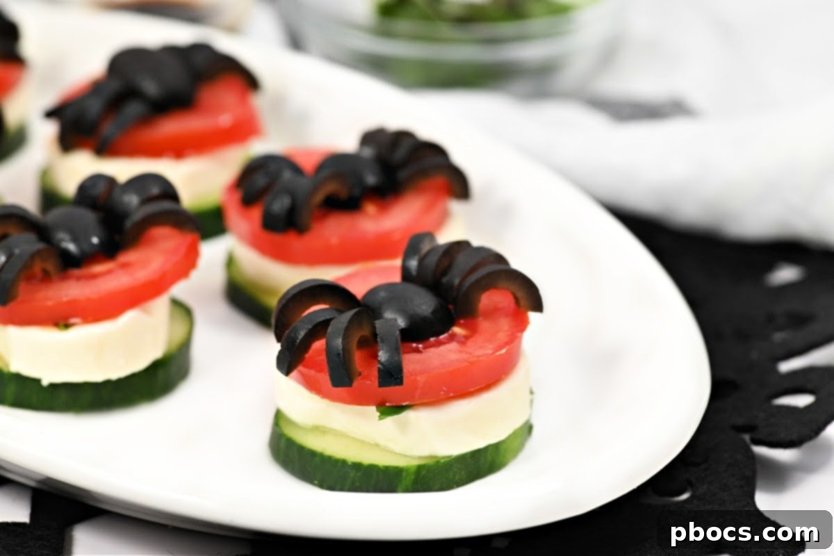 Creepy Crawly Keto Caprese Cucumber Spiders 3 Keto Halloween Spider Caprese Cucumber Bites