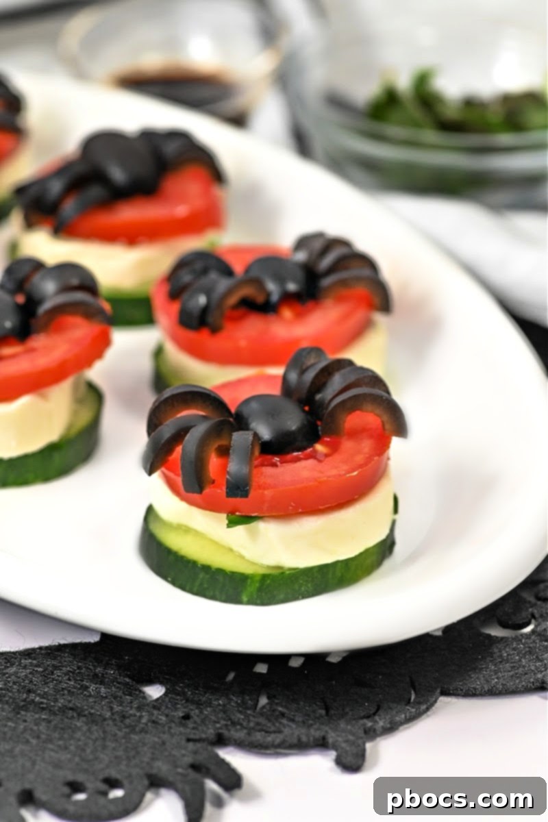 Creepy Crawly Keto Caprese Cucumber Spiders 4 Keto Halloween Spider Caprese Cucumber Bites