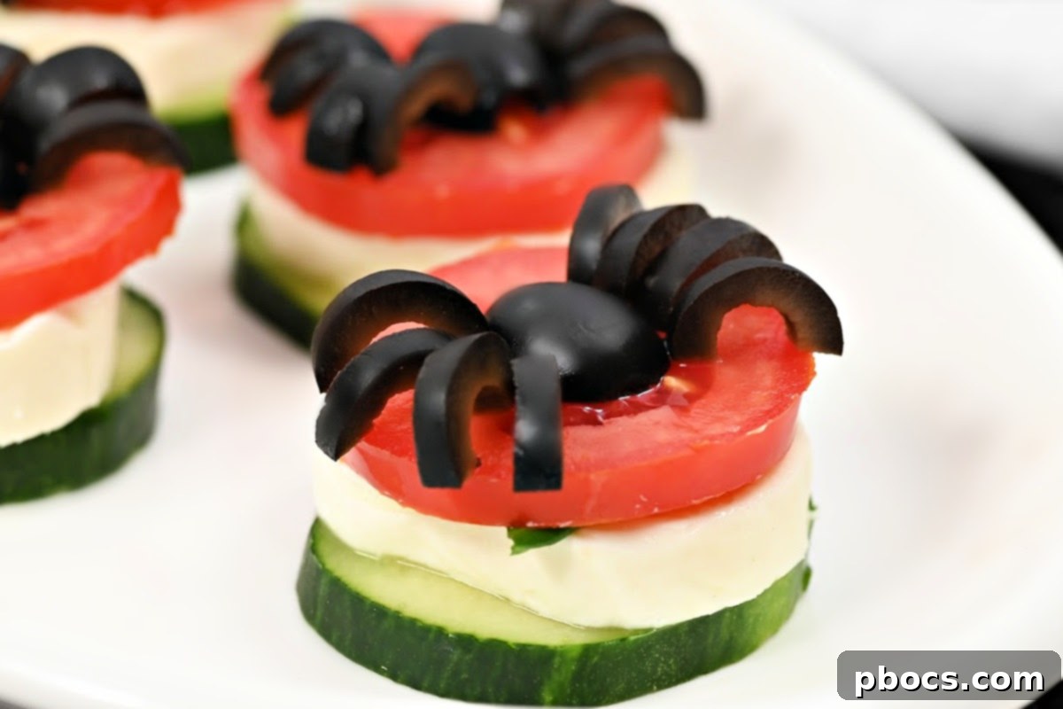Creepy Crawly Keto Caprese Cucumber Spiders 6 Keto Halloween Spider Caprese Cucumber Bites