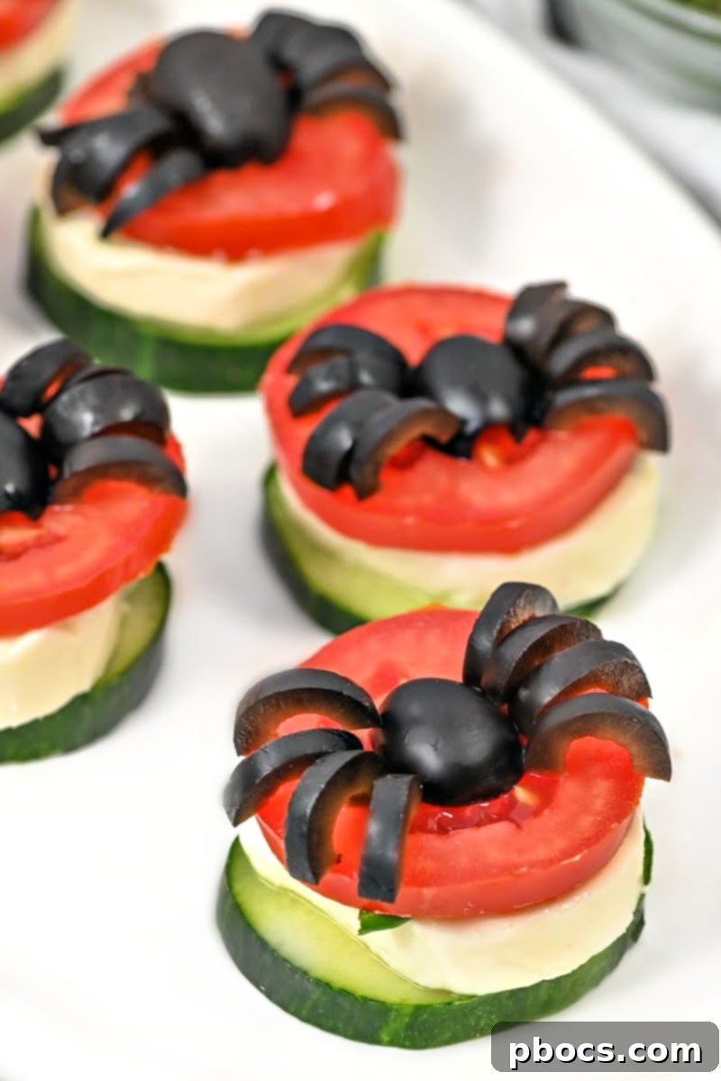 Creepy Crawly Keto Caprese Cucumber Spiders 7 Keto Halloween Spider Caprese Cucumber Bites